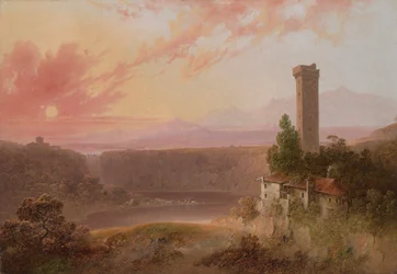 Vue du lac de Nemi au coucher du soleil