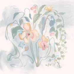 Des oiseaux dans une floraison aux tons pastel