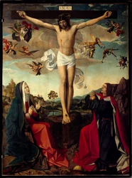 Calvaire. Crucifixion avec la Vierge Marie et saint Jean au pied de la croix. Inscription « INRI » sur la croix. Le Maître de Saint-Sébastien ou Josse Lieferinxe (actif de 1493 à 1505)