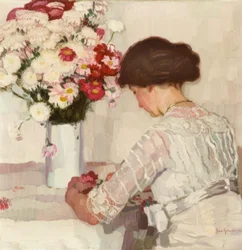 En pensées (Dame en blanc avec des fleurs)