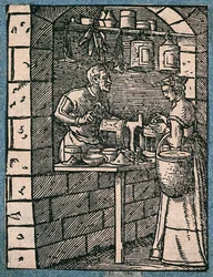 Un fabricant de lanternes travaille à son établi et parle avec une cliente qui examine une lanterne terminée. Gravure sur bois de J. Amman.