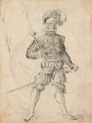 Homme barbu avec un chapeau à plumes, un drapeau et une épée