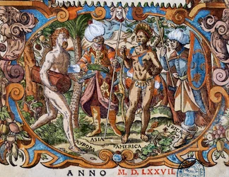 Quatre continents, détail de la page de titre, gravure de Jost Amman (1539-1591)