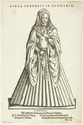 Vidua Senensis in Hetruria (Veuve de Sienne en Toscane) du Trachtenbuch de H. Weigel, planche 51 des gravures sur bois des livres du XVIe siècle.
