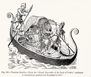 Gondole vénitienne, de la Grande Procession du Doge de Venise, illustration de Science et Littérature au Moyen Âge et à la Renaissance, écrit et gravé par Paul Lacroix, 1878