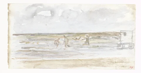 Baigneurs en mer et une voiture de plage