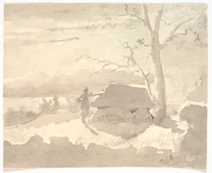 Paysage au clair de lune. Un chasseur à côté d