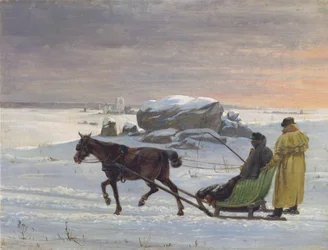 Les peintres Jørgen Roed et Constantin Hansen font une balade en traîneau.