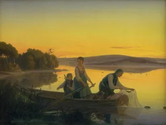 Un vieux pêcheur posant ses filets le soir