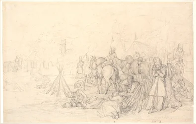 Français bivouaquant sur le champ de bataille après une bataille
