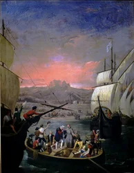 Départ en 1492 des caravelles de Palos Santa Maria, la Pinta et la Nina