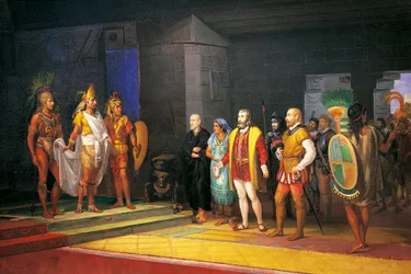 Hernan Cortez rencontrant Montezuma au Mexique