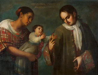 Un Espagnol et une femme métisse avec leur enfant, un "Castizo"