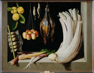 Nature morte de chasse avec oiseaux, légumes et citrons (peinture sur toile)