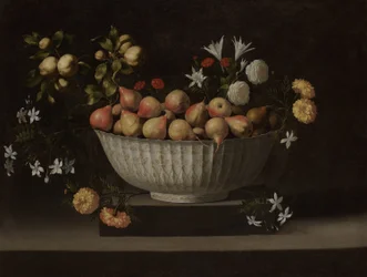 Fleurs et fruits dans un bol chinois