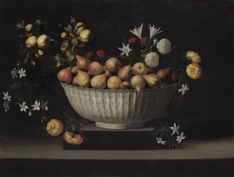 Fleurs et fruits dans un bol en porcelaine, vers 1645