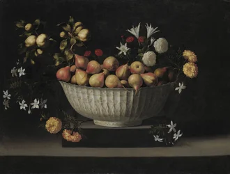 Fleurs et fruits dans un bol en porcelaine, vers 1645