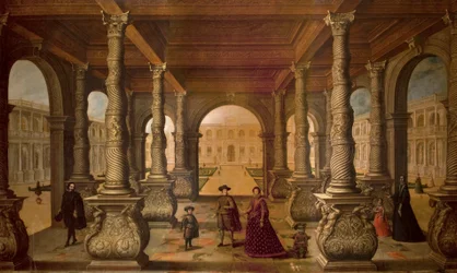 Philippe IV et sa reine dans une colonnade, vers 1630