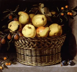 Panier en Osier avec des Fruits sur un Rebord de Pierre