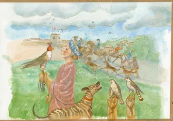 Scène de chasse du haut Moyen Âge (aquarelle sur papier)