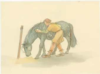 Un palefrenier médiéval brossant un cheval, 2004
