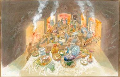 Scène de cuisine du haut Moyen Âge (aquarelle sur papier)