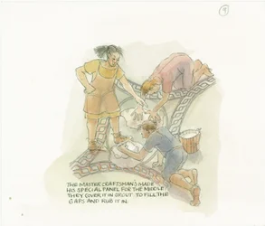 Deux ouvriers jointant un panneau de sol fabriqué et supervisé par le maître artisan, 2003