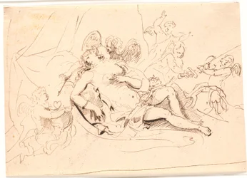 Vénus reposante, entourée de six putti jouant avec une épée, une flèche et un cœur