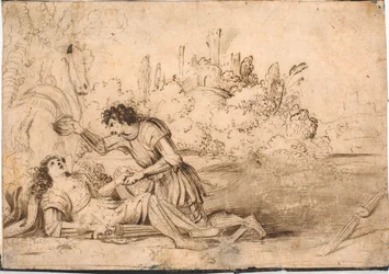 Chevalier agenouillé soignant un chevalier couché, blessé lors d