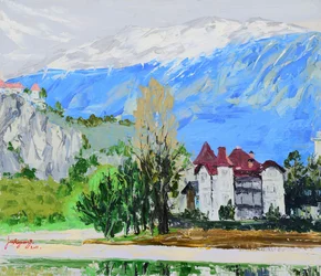 Vue sur le château depuis le lac alpin