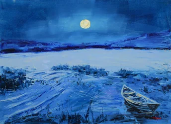 Une barque sur le lac au clair de lune bleue