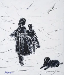 Des enfants promènent un chien