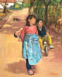 Des enfants sur un chemin de village