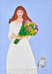 Jeune fille avec des fleurs et un chaton