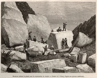 Mormons taillant du granit pour la construction du temple. Gravure d