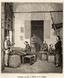 Le tamisage de la poudre à canon, pour trier les granulés selon leur taille et leur qualité avant le dernier séchage qui leur donne leur parfum, dans une usine de poudre à canon à Fati Bay (province de Canton), gravure d