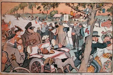Caricature de M. Fournier partant pour le rallye Paris-Berlin