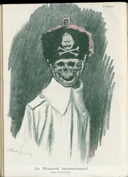 Illustration par Abel Faivre (1867-1945) dans "Fantasio", 01/05/15 - Le hussard reconnaissant - Guerre de 14-18, Allemagne prussienne - Guillaume II, Faucheuse/Camarade - Mort, Visages Riantes
