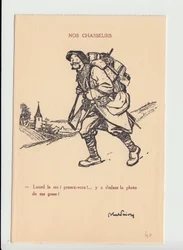 Carte postale satirique en N & B, vers 1915 : Nos chasseurs - Guerre de 14-18, Photographie, Paternité, Confiture de crâne - Soldats, Chasseurs alpins Illustration par Abel Faivre (1867-1945)