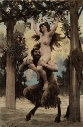 Créature mi-homme mi-animal portant sur son épaule une femme nue dans le vignoble menant au Temple de la Bouteille. Pantagruel. Illustration de Jules Garnier. Dans "Rabelais et l