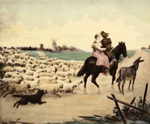 Un manoir et un berger sur un cheval. Un âne a leur droit. Le mouton et le chien du berger suivant. Pantagruel. Illustration de Jules Garnier. Dans "Rabelais et l