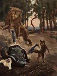 Une femme, ramassant du bois dans la forêt de Bièvre, effrayée par un lion et un renard. Pantagruel. Illustration de Jules Garnier. Dans "Rabelais et l