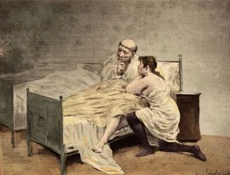 Une jeune fille se confessant au frère Royddimet, assise dans son lit. Pantagruel. Illustration de Jules Garnier. Dans "Rabelais et l