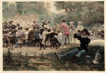 Banquet at the Mardi Gras party. Gargantua. llustration by Jules Garnier. In “Rabelais et l