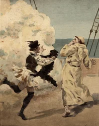 Frère Jean, effrayé par le chat Rodilardus que possède Panurge. Pantagruel. Illustration de Jules Garnier. Dans "Rabelais et l