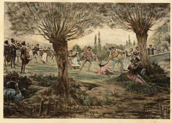 Danseurs et musiciens lors de la fête du Mardi Gras. Gargantua. Illustration de Jules Garnier. Dans "Rabelais et l