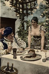 Gargantua attable en train de manger, une femme lui servant de la nourriture. Gargantua. Illustration de Jules Garnier. Dans "Rabelais et l
