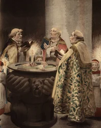 Dans une chapelle, trois prêtres entourent un bénitier dans lequel un homme est immergé. Pantagruel. Illustration de Jules Garnier. Dans "Rabelais et l