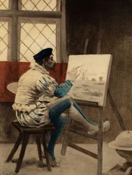 Homme assis devant sa toile. Gargantua. Illustration de Jules Garnier. Dans "Rabelais et l