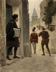 Maître Janotus (Ianotus) de Bragmardo quittant le domicile parisien de Gargantua en emportant les cadeaux offerts par Gargantua. Gargantua. Illustration de Jules Garnier. Dans "Rabelais et l